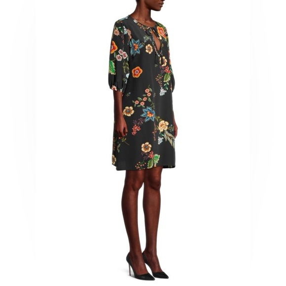JOHNNY WAS Zorya Printed Floral Silk Mini Dress Black Puff Sleeve Size Medium - Picture 7 of 16